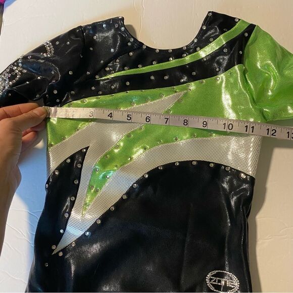 Ozone gymnastics green foil competition 3/4 sleeve custom leotard rhinestone YL - Picture 9 of 11